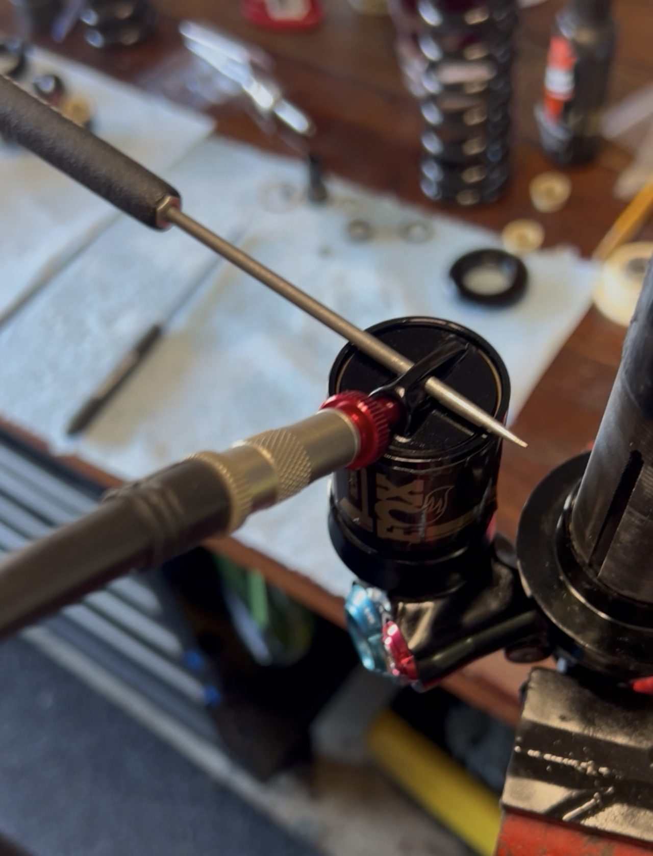 Fox MTB Shock getting a nitrogen recharge at ST Tuned MTB Suspension Service in Orange County, CA
